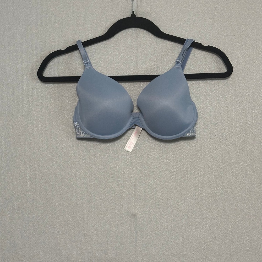 Victorias Secret PINK Wear Everywhere Push‎ Up Bra Blue Glitter Logo 32D
